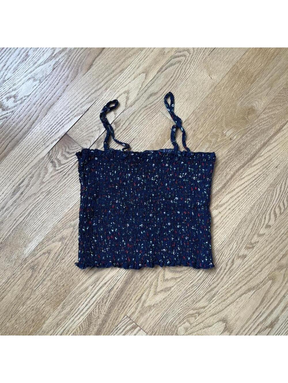 Smocked Floral Crop Cami Navy Blue Stretch Cottagecore Y2K Coquette Tank Top